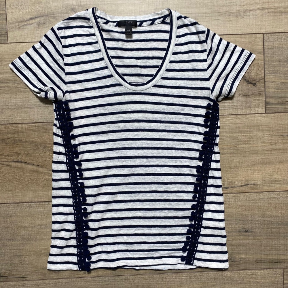 J‎ Crew Womens Striped Linen Short Sleeve Shirt Lace And Pom Poms Size XXS